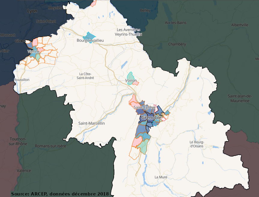 Carte des zones d’initiatives privées en Isère (source: Arcep)
